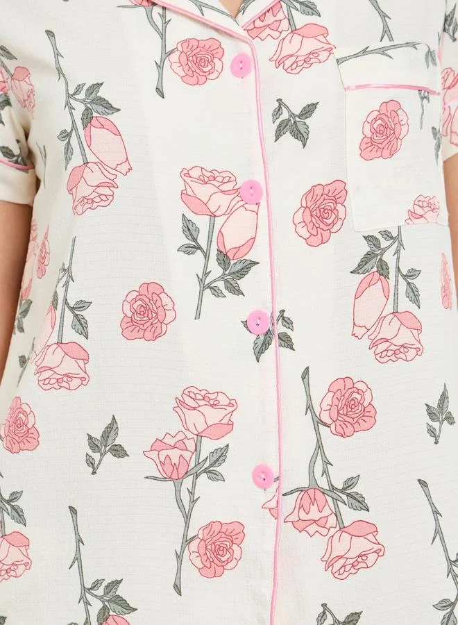 Take Two  Floral Print Short Sleeve Shirt and Pajama Shorts Set for Women | Best Price UAE