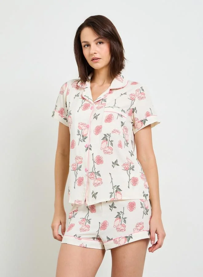 Floral Print Short Sleeve Shirt and Pajama Shorts Set