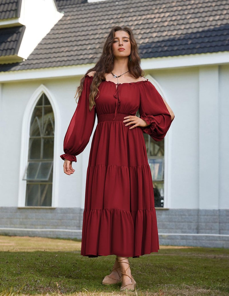 Scarlet Darkness Women Renaissance Off Shoulder Split Sleeve Smocked Waist Tiered Maxi Dress Wine XXL - Image 5