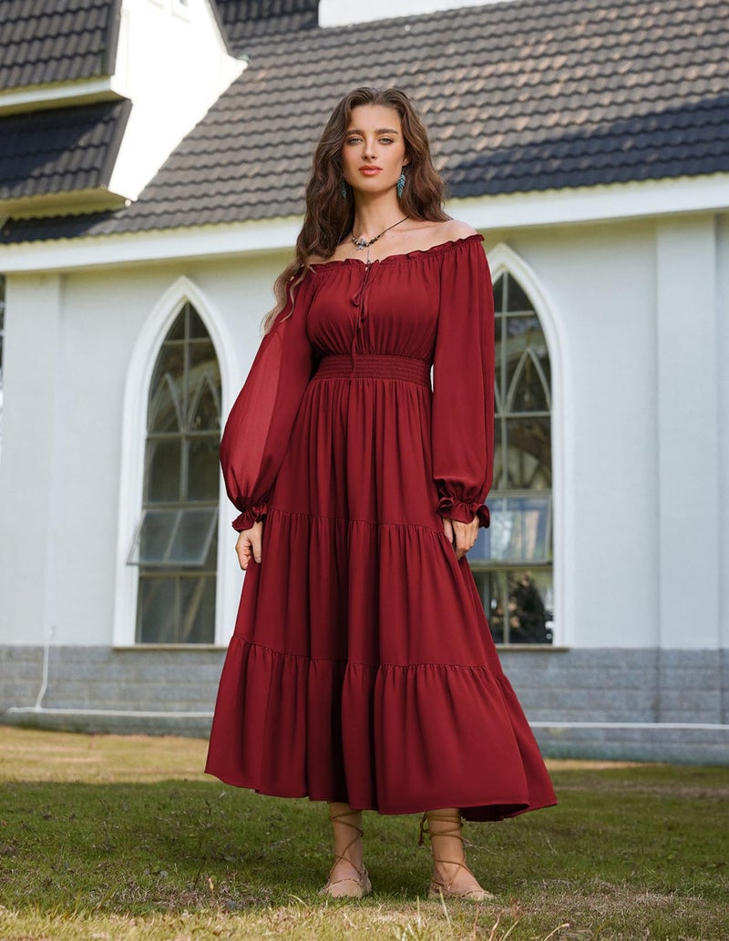 Scarlet Darkness Women Renaissance Off Shoulder Split Sleeve Smocked Waist Tiered Maxi Dress Wine XXL - Image 4