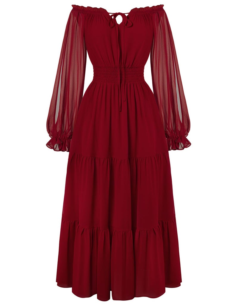 Scarlet Darkness Women Renaissance Off Shoulder Split Sleeve Smocked Waist Tiered Maxi Dress Wine XXL - Image 1