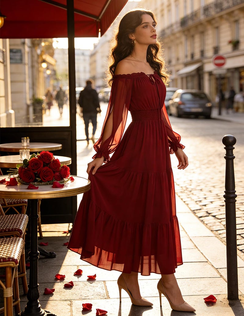 Scarlet Darkness Women Renaissance Off Shoulder Split Sleeve Smocked Waist Tiered Maxi Dress Wine XXL - Image 3