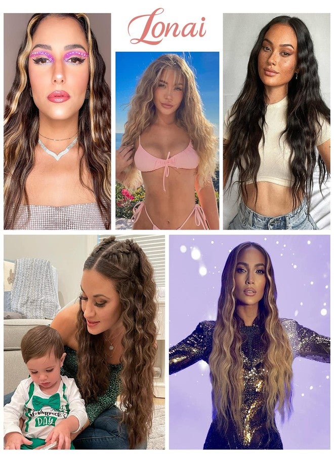 لوناي وصلات شعر لوناي بمشابك، 6 قطع، شعر صناعي مجعد بطول 24 بوصة، لون بني بارد مع خصلات شقراء - Image 5