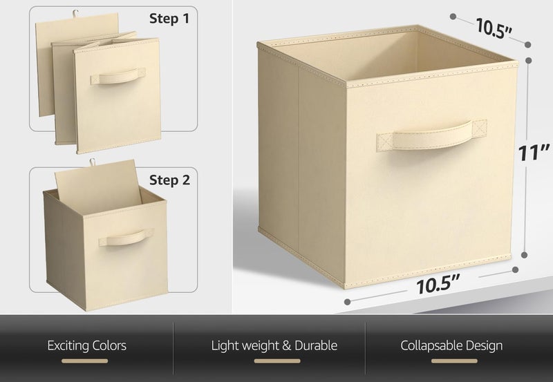 Sorbus Foldable Storage Cubes - 6 Fabric Baskets for Organizing Pantry, Closet, Shelf, Nursery, Playroom, Toy Box - 11 Inch Dual Handle Collapsible Closet Organizers and Storage Bins (Beige) - Image 3