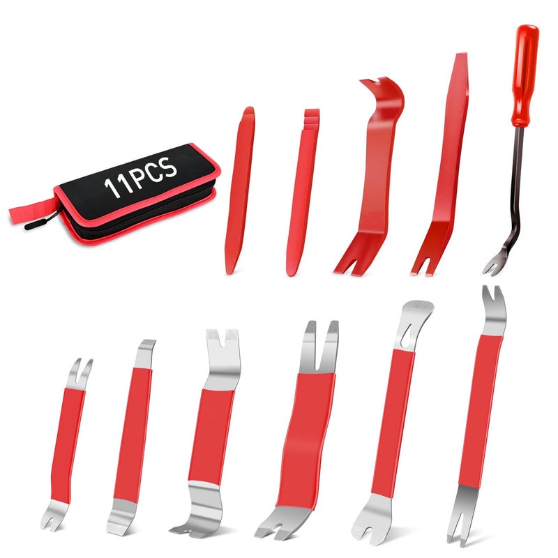 GOOACC 11PCS Trim Removal Tool Kit, Metal & Nylon Pry Tools Set for Car Door Panel, Dashboard, Audio, Clips, Fastener Remover w/Storage Box â€“ Red - Image 1