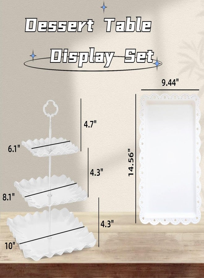 RAUVOLFIA 5 Pcs Cupcake Stand Set - Plastic Dessert Table Display Set, 2 White Square 3 Tier Cupcake Display Stands Cookie Tray Rack Serving Tower & 3X 14 in Plastic Trays for Wedding Baby Shower Tea Party - Image 3