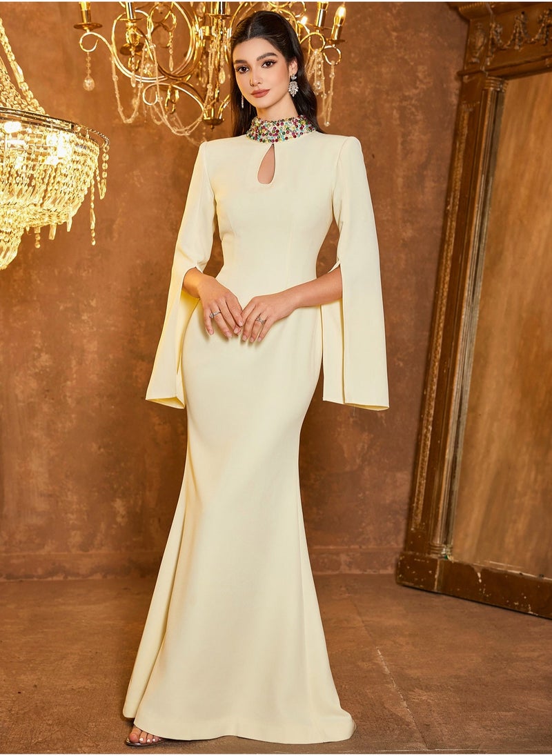 Madam Uniq Satin High - Neck Slit - Sleeved Mermaid Gown - Image 3