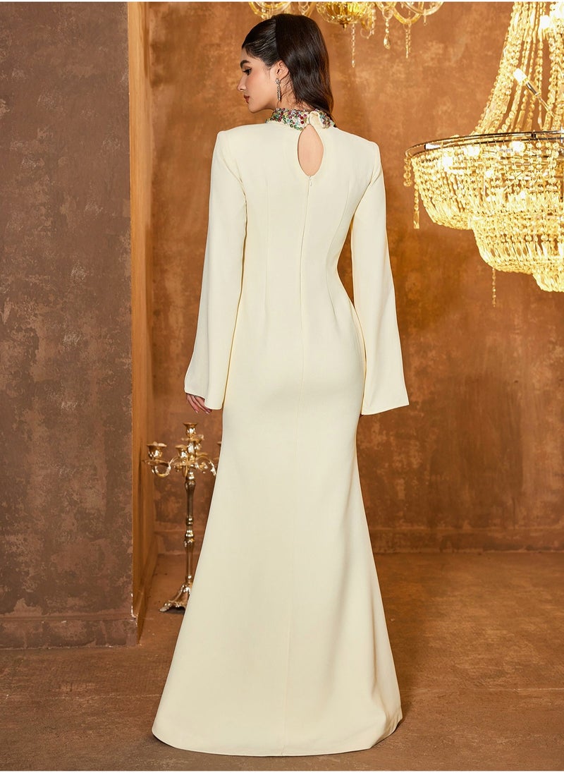 Madam Uniq Satin High - Neck Slit - Sleeved Mermaid Gown - Image 2