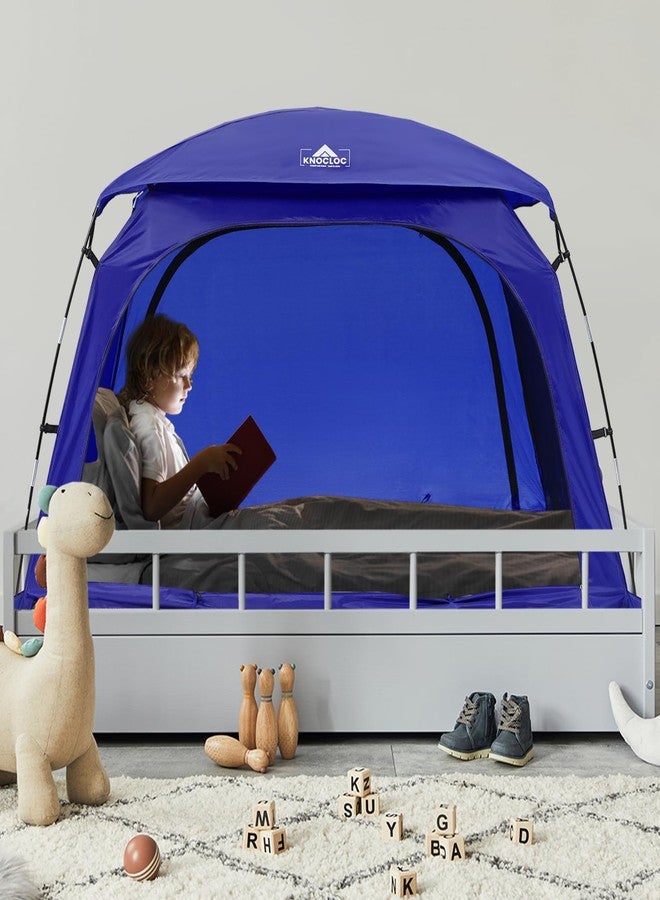 KNOCLOC Twin Bed Tent for Boys Healthier Sleep & Privacy with Built-in Fan Pocket for Improved Airflow, CPC Certified Light Blocking Sensory Bed Tent for Boys' Sleep Independence, Sleepover(Blue) - Image 1