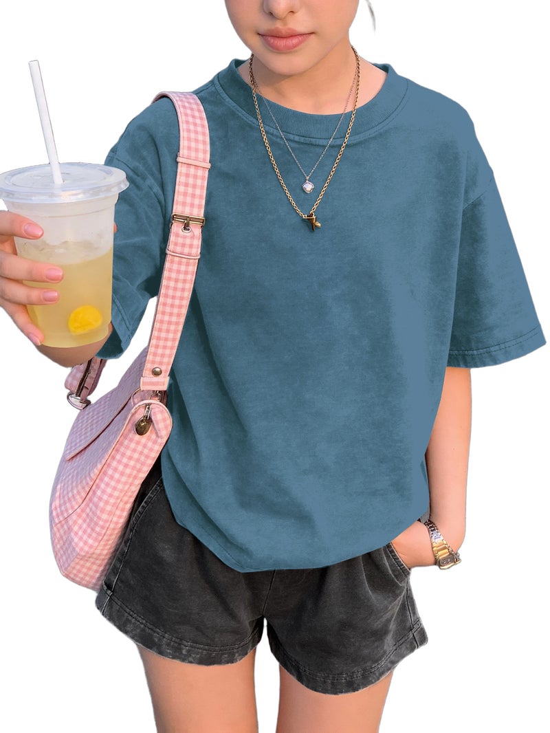 Solid Color Vintage Washed Short Sleeve & Shorts Set - Women's Distressed 2pcs Outfit, Relaxed Fit Summer Lounge Wear, Retro Casual Style - Image 1