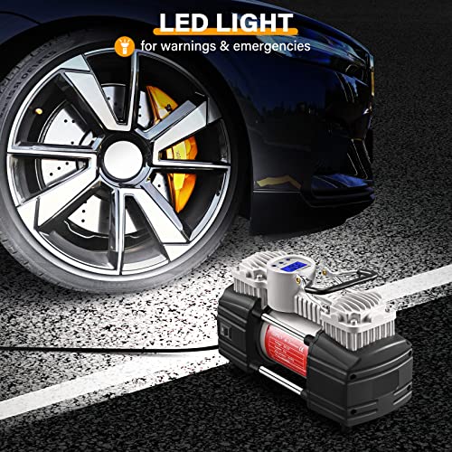 GSPSCN Portable 12V Air Compressor Pump Digital Display Tire Inflator with LED Flashlight, Heavy Duty Dual Cylinder Tire Pump 150 PSI with Locking Air Chuck for Auto,SUV,Off-Road,Truck,RV,Bike etc - Image 5