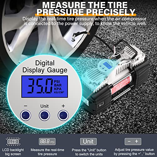 GSPSCN Portable 12V Air Compressor Pump Digital Display Tire Inflator with LED Flashlight, Heavy Duty Dual Cylinder Tire Pump 150 PSI with Locking Air Chuck for Auto,SUV,Off-Road,Truck,RV,Bike etc - Image 4
