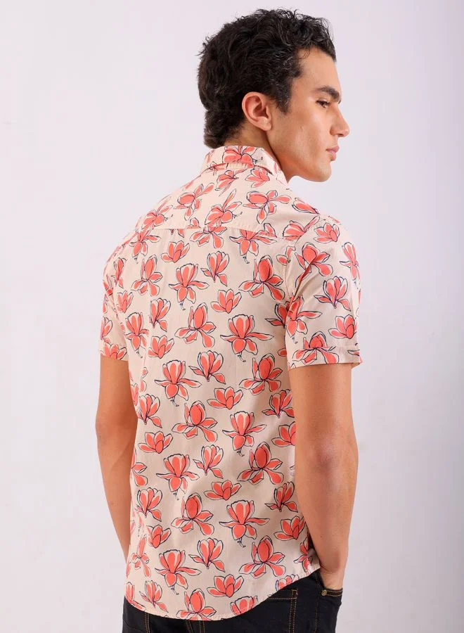 شركة المرآب الهندية Men Regular Fit Floral Printed Full Sleeves Cutaway Collar Casual Shirt