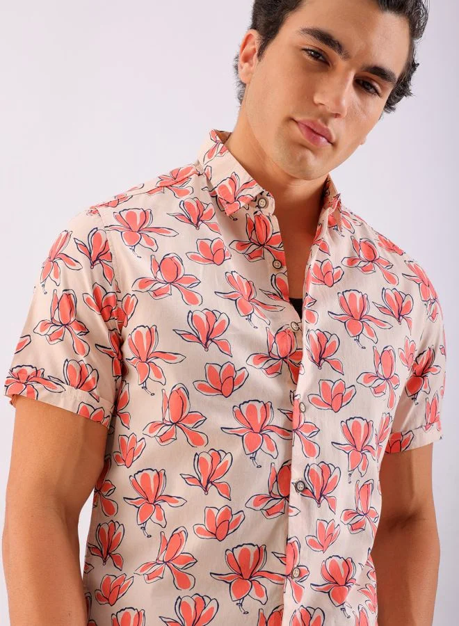 شركة المرآب الهندية Men Regular Fit Floral Printed Full Sleeves Cutaway Collar Casual Shirt