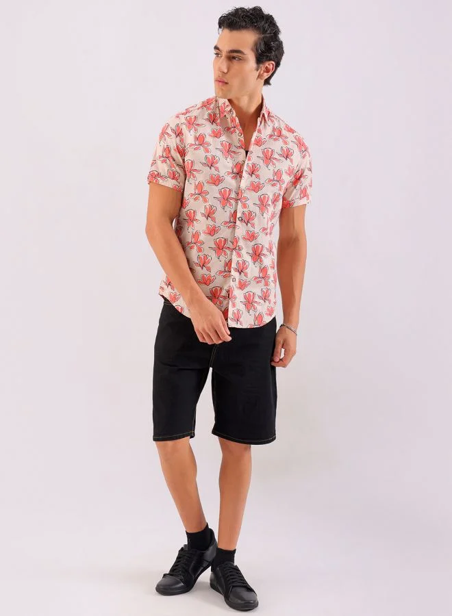 شركة المرآب الهندية Men Regular Fit Floral Printed Full Sleeves Cutaway Collar Casual Shirt