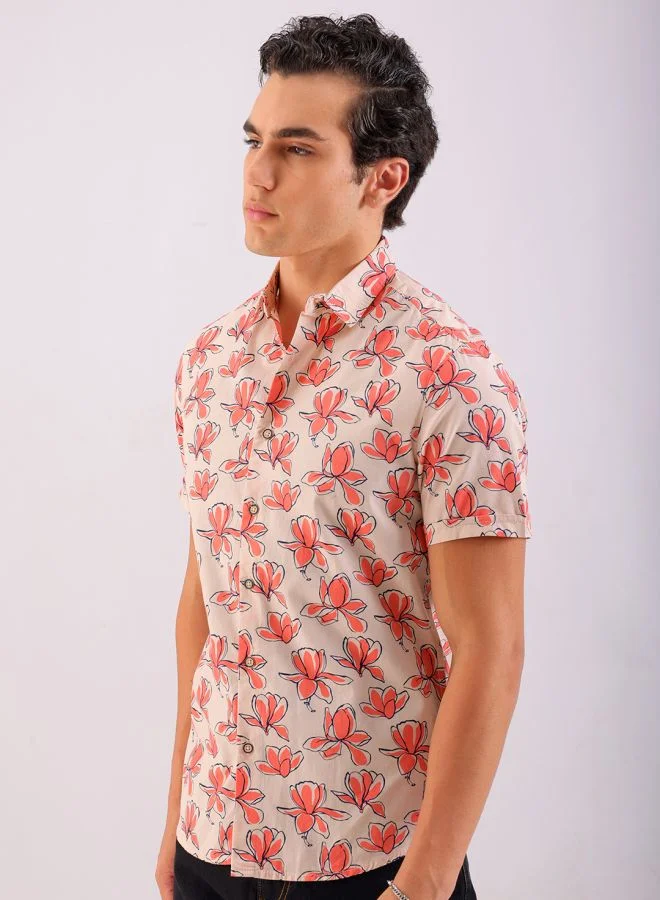 شركة المرآب الهندية Men Regular Fit Floral Printed Full Sleeves Cutaway Collar Casual Shirt