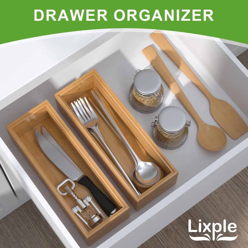 Lixple Bamboo Drawer Organizer â€“ Set of 2 Stackable Storage Boxes, Silverware Tray & Small Gadget Holder for Kitchen Drawers, 9" x 3" x 2" (Outer), 8.3" x 2.3" x 1.77" (Inner) - Image 3