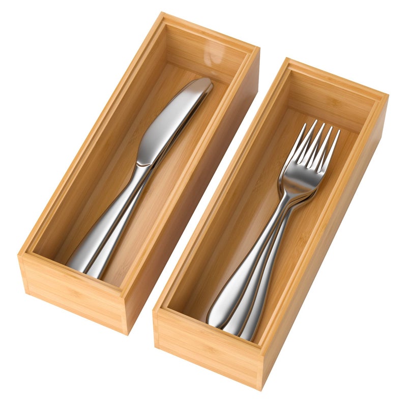 Lixple Bamboo Drawer Organizer â€“ Set of 2 Stackable Storage Boxes, Silverware Tray & Small Gadget Holder for Kitchen Drawers, 9" x 3" x 2" (Outer), 8.3" x 2.3" x 1.77" (Inner) - Image 1