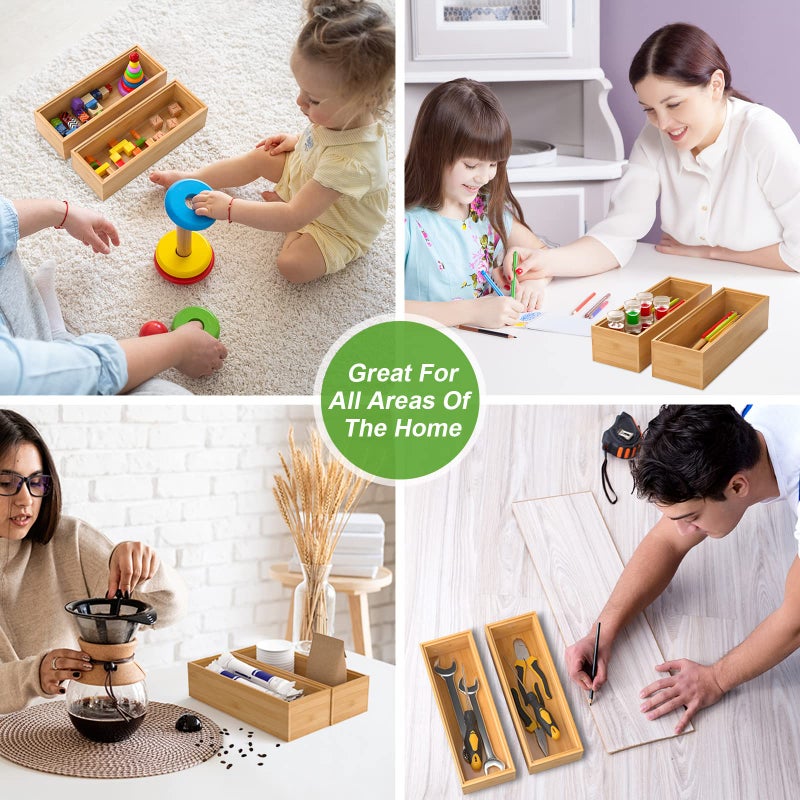 Lixple Bamboo Drawer Organizer â€“ Set of 2 Stackable Storage Boxes, Silverware Tray & Small Gadget Holder for Kitchen Drawers, 9" x 3" x 2" (Outer), 8.3" x 2.3" x 1.77" (Inner) - Image 5