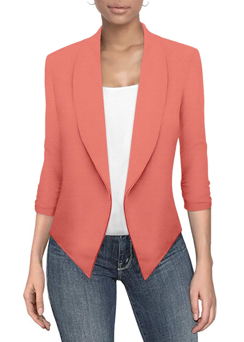 Hybrid & Company Hybrid Company Lightweight Open Front Cardigan Classic Ruched Sleeve Work Office Blazer Suit Jackets JK1133 Coral M