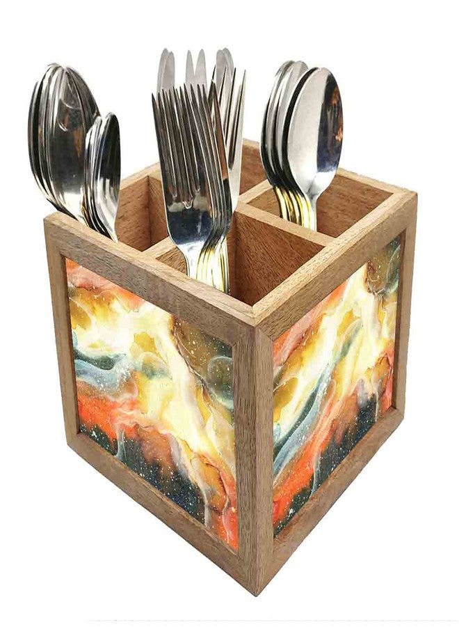 Nutcase Wooden Cutlery Stand Holder Silverware Caddy Spoons Forks Knives Organizer for Dining Table & Kitchen -Made in India-Spoons NOT Included - Yellow and Green Space Watercolor - Image 1