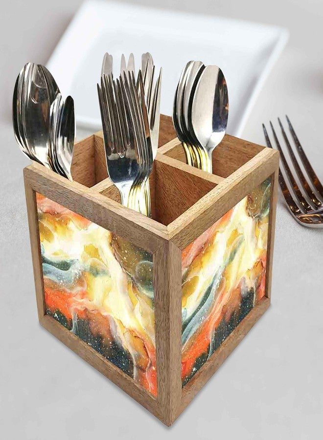 Nutcase Wooden Cutlery Stand Holder Silverware Caddy Spoons Forks Knives Organizer for Dining Table & Kitchen -Made in India-Spoons NOT Included - Yellow and Green Space Watercolor - Image 2