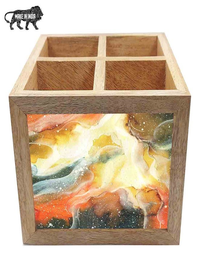 Nutcase Wooden Cutlery Stand Holder Silverware Caddy Spoons Forks Knives Organizer for Dining Table & Kitchen -Made in India-Spoons NOT Included - Yellow and Green Space Watercolor - Image 5
