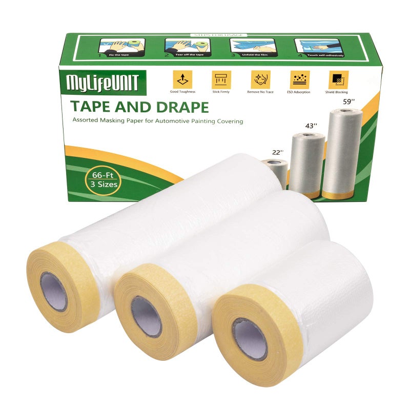 MyLifeUNIT Tape and Drape, Assorted Masking Paper for Automotive Painting Covering (66-Feet, 3 Sizes) - Image 2