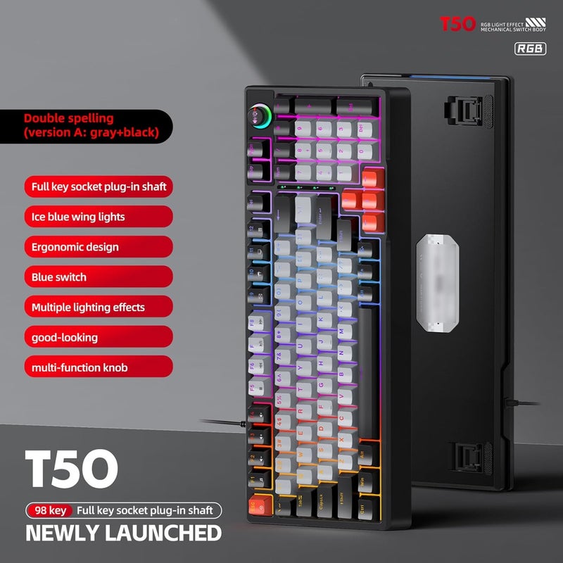 Fabater T Wolf T50 RGB Mechanical Keyboard, 98 Keys Hot Swappable Blue Switch with Dynamic Lighting and Knob for PC Computer Gaming Typing Work (Black Gray Red) - Image 2