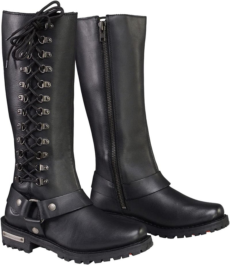 Milwaukee Leather MBL9365 Women's Classic Black Leather 14-Inch Harness Square Toe Tall Motorcycle Boots - Image 1