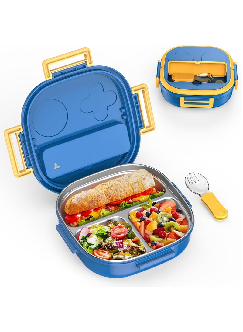 Tedemei Bento Box for Kids -3-Compartment Stainless Steel  Design - Complete Lunch Set with Portable Cutlery - Ideal for Children Aged 10 & Under - Dishwasher Safe & BPA-Free,Blue  - Image 1