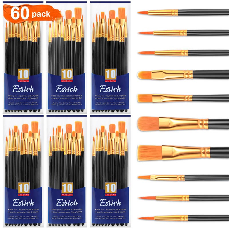 ESRICH Paint Brush Set6 Packs 60 Pcs Nylon Hair Paint Brushes for Acrylic PaintingArtist Paintbrushes for AcrylicOilWatercolor PaintingFace Nail ArtPaint Brushes for KidsBlack - Image 2
