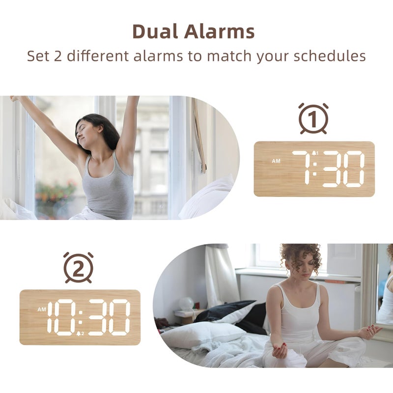 Elegant Wooden Alarm Clocks - Large Numbers, Dimmable Brightness, Loud Sound, Heavy Sleepers Friendly with Volume Control, Ideal for Bedrooms and Gifting Occasions - Image 5