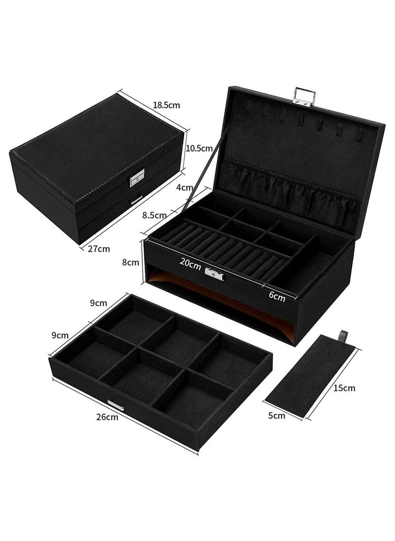 MissTiara - 2 Tier Velvet Jewelry Box Large Jewelry Storage Box with Drawers and Locks Jewelry Storage Box for Necklaces Earrings Bracelets and Rings Black - Image 1