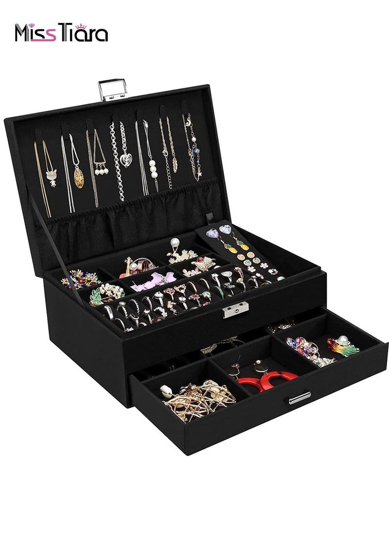 MissTiara - 2 Tier Velvet Jewelry Box Large Jewelry Storage Box with Drawers and Locks Jewelry Storage Box for Necklaces Earrings Bracelets and Rings Black - Image 1