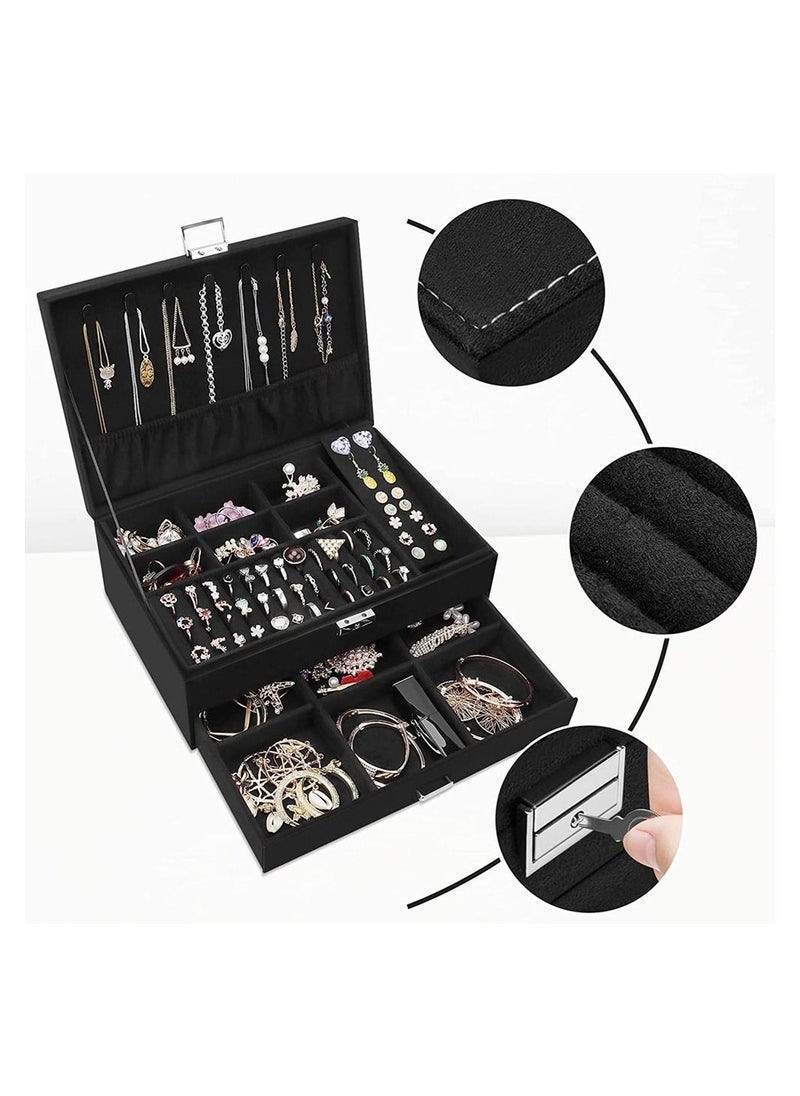 MissTiara - 2 Tier Velvet Jewelry Box Large Jewelry Storage Box with Drawers and Locks Jewelry Storage Box for Necklaces Earrings Bracelets and Rings Black - Image 1