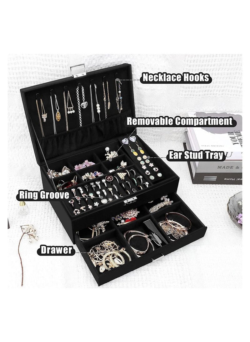 MissTiara - 2 Tier Velvet Jewelry Box Large Jewelry Storage Box with Drawers and Locks Jewelry Storage Box for Necklaces Earrings Bracelets and Rings Black - Image 1