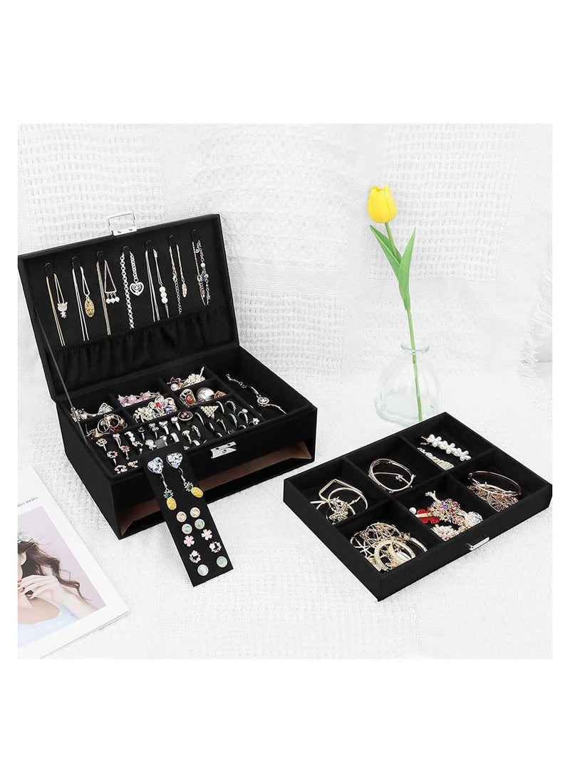 MissTiara - 2 Tier Velvet Jewelry Box Large Jewelry Storage Box with Drawers and Locks Jewelry Storage Box for Necklaces Earrings Bracelets and Rings Black - Image 1