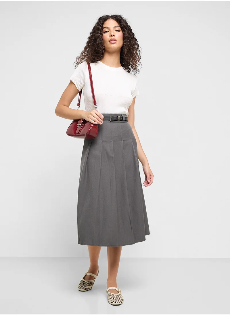 Ginger Belted Box Pleat Midi Skirt