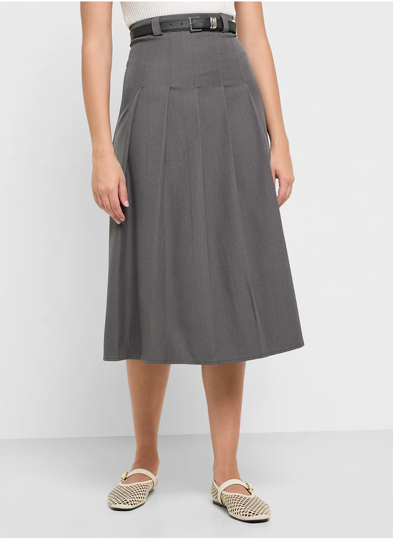 Ginger Belted Box Pleat Midi Skirt