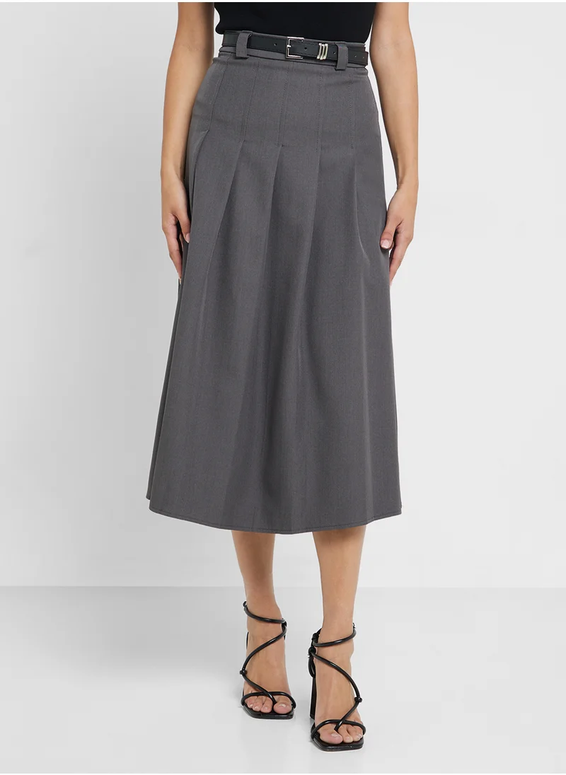 Ginger Belted Box Pleat Midi Skirt