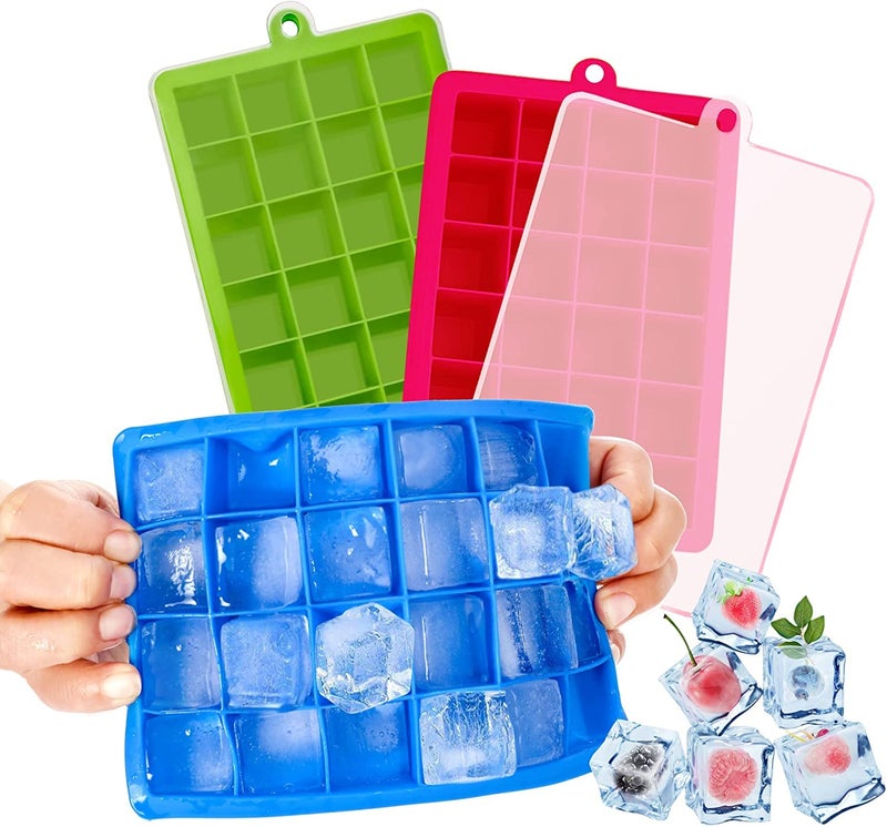 MoldBerry 24 Grid Ice Cube Trays Combo with Lid Flexible Square Silicone Ice Cube Mould for Freezer Whiskey Cocktails Kitchen Accessories Set of 3 Multi Color - Image 1