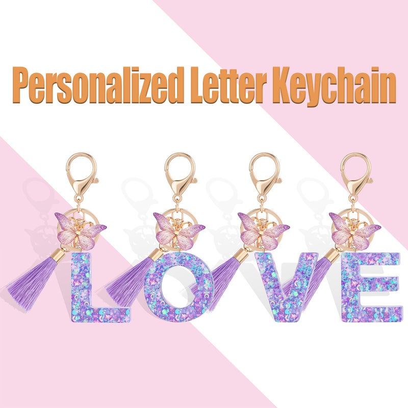 Suweibuke Colourful Cute Initial Letter Keychains for Women Girls with Tassel Butterfly, Charm for Purse Handbags Backpacks (Purple Dream Star Sky-A) - Image 4