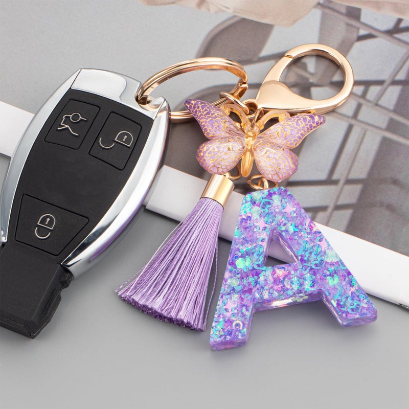 Suweibuke Colourful Cute Initial Letter Keychains for Women Girls with Tassel Butterfly, Charm for Purse Handbags Backpacks (Purple Dream Star Sky-A) - Image 2