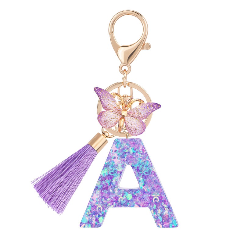 Suweibuke Colourful Cute Initial Letter Keychains for Women Girls with Tassel Butterfly, Charm for Purse Handbags Backpacks (Purple Dream Star Sky-A) - Image 1