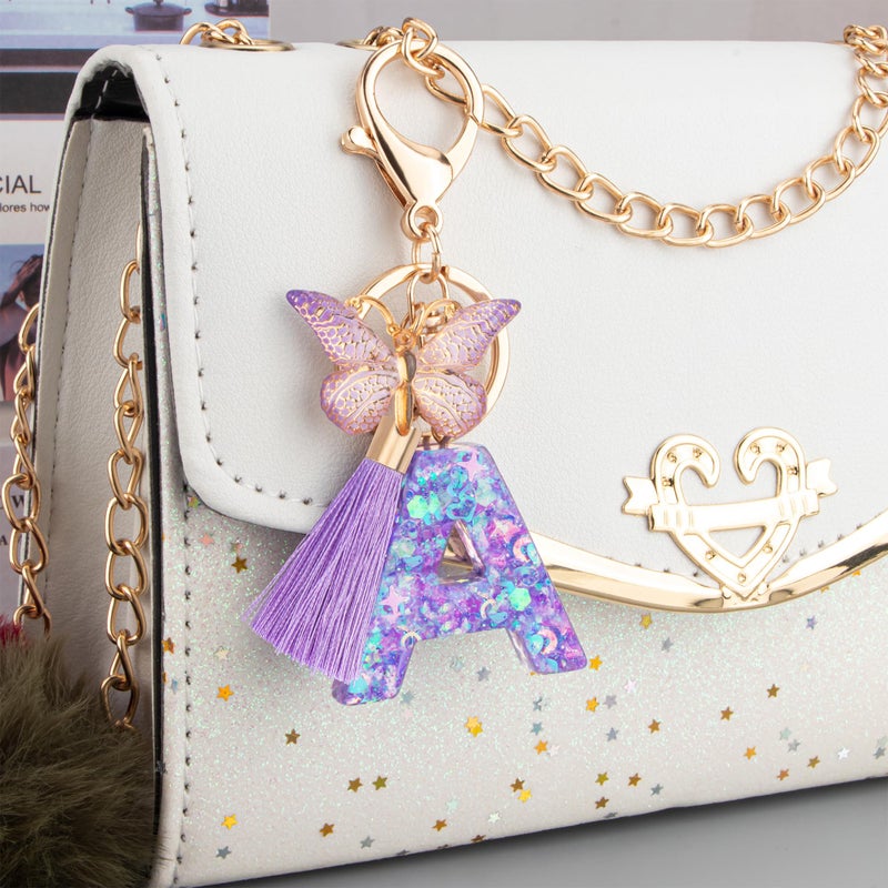 Suweibuke Colourful Cute Initial Letter Keychains for Women Girls with Tassel Butterfly, Charm for Purse Handbags Backpacks (Purple Dream Star Sky-A) - Image 3
