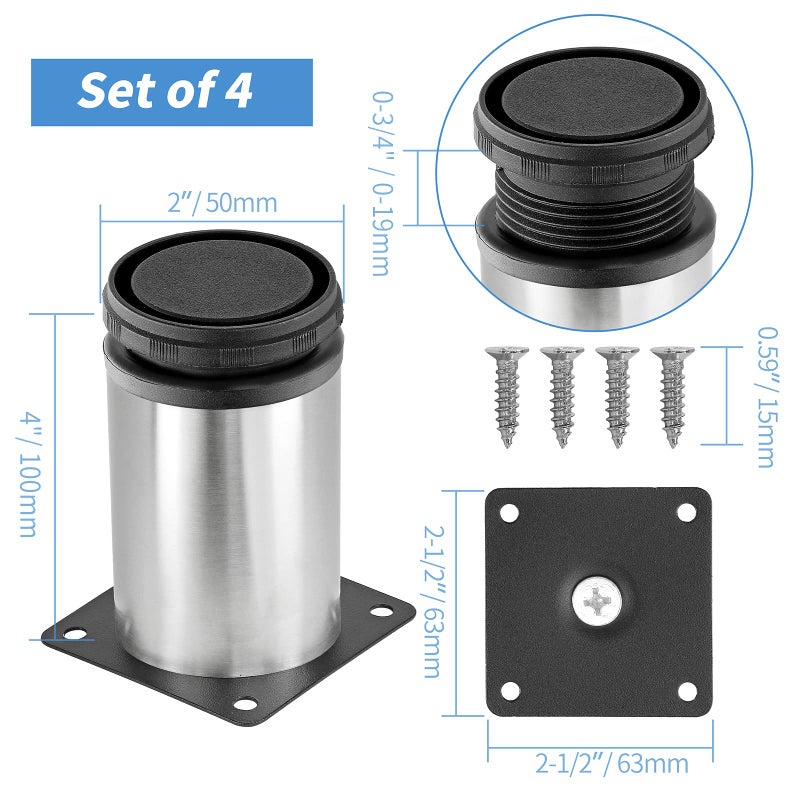Masendelk 4 Inch Metal Furniture Legs Stainless Steel Adjustable Legs Silver Table Legs Round Cabinet Legs For Coffee Table Cabinet Desk Sofa Shelves  Pack Of 4 - Image 4