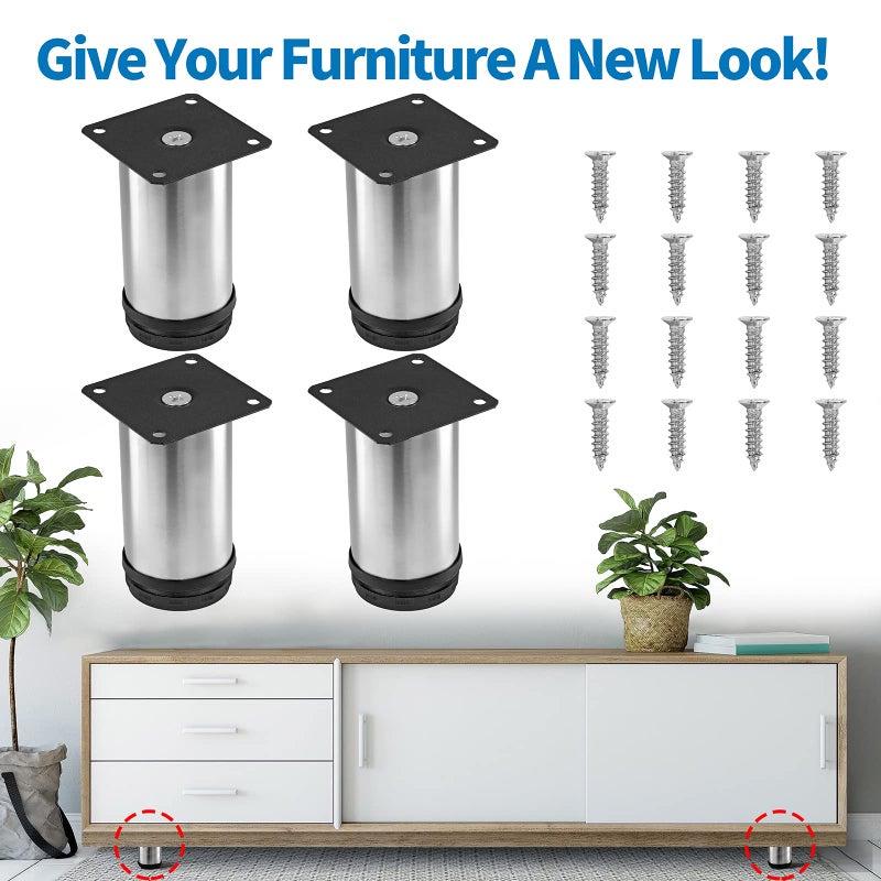 Masendelk 4 Inch Metal Furniture Legs Stainless Steel Adjustable Legs Silver Table Legs Round Cabinet Legs For Coffee Table Cabinet Desk Sofa Shelves  Pack Of 4 - Image 2