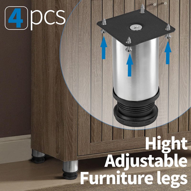 Masendelk 4 Inch Metal Furniture Legs Stainless Steel Adjustable Legs Silver Table Legs Round Cabinet Legs For Coffee Table Cabinet Desk Sofa Shelves  Pack Of 4 - Image 5