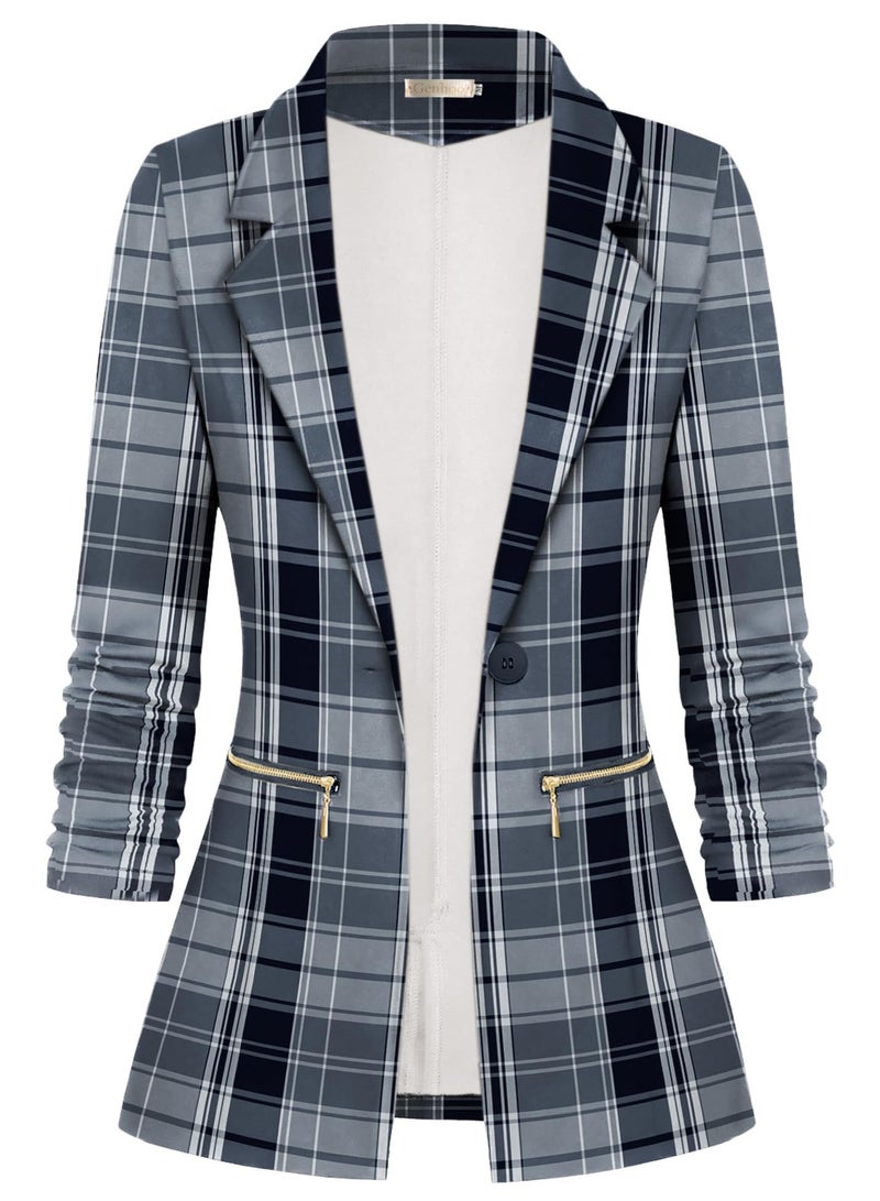 Genhoo Plaid Blazer Jackets for Women Long Sleeve Business Suit Jacket Open Front Work Office Blazer Fashion Dressy Blazer Grey Large - Image 1